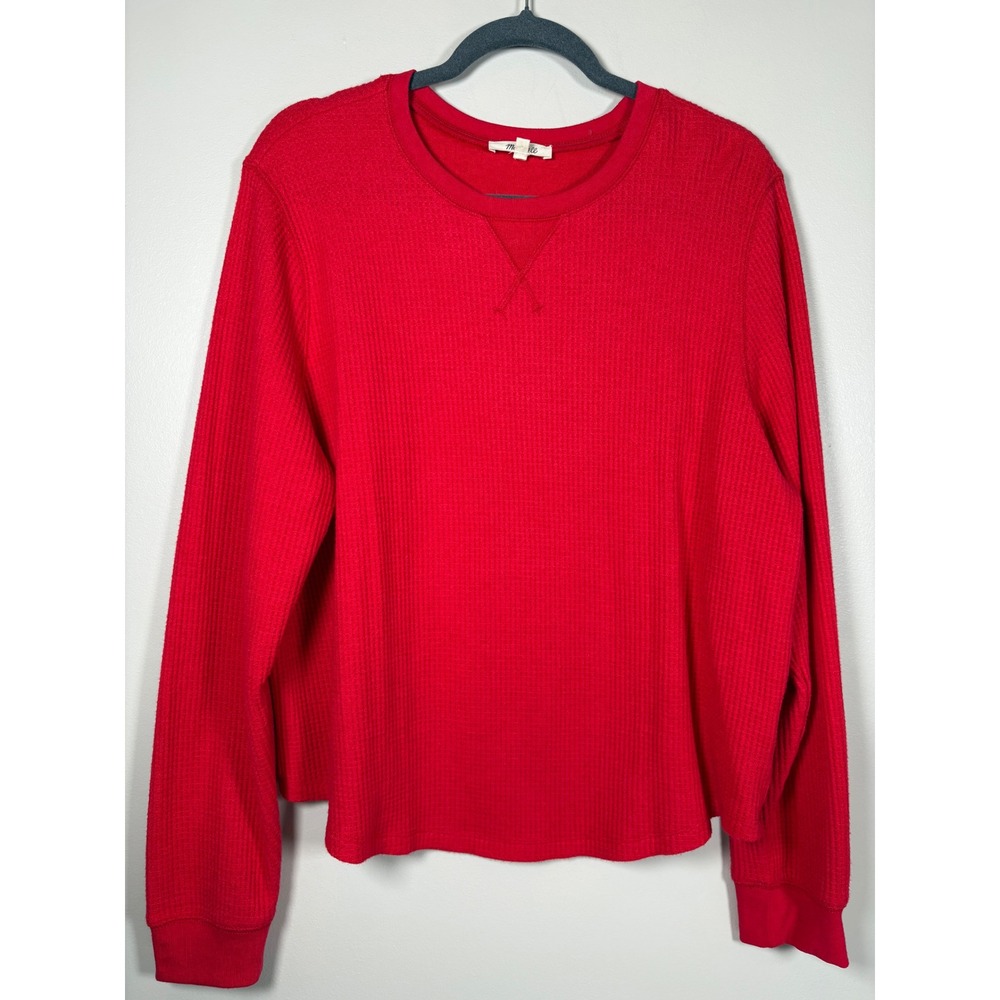 Madewell Women XXL Cherry Red Waffle Knit Long Sleeve Thermal Top Crew Neck Cozy